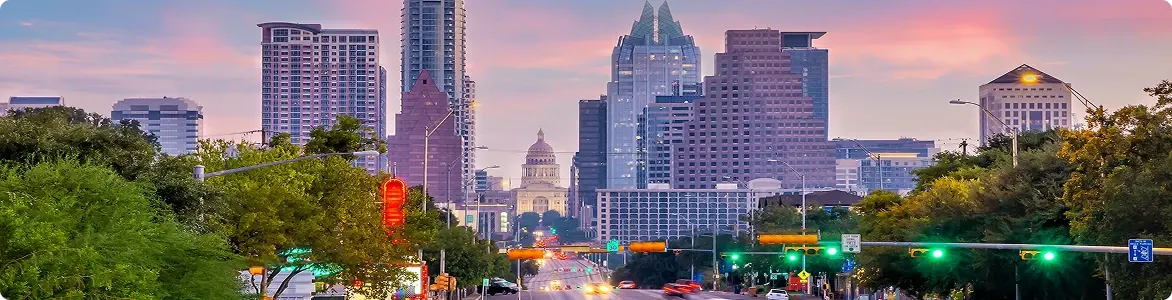 Austin city downtown skyline at sunset