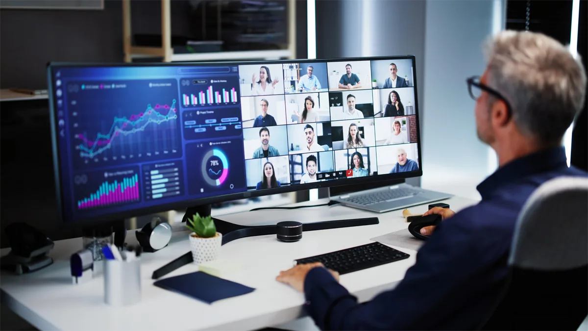 Person on a video call with a distributed team
