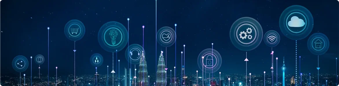 Aerial cityscape skyline with smart-services icons overlay at night