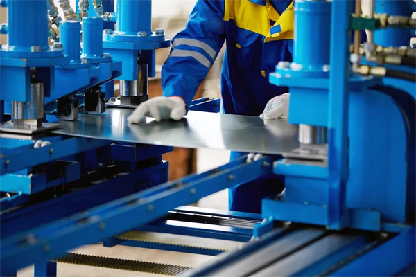 Engineers analyzing software in a high-tech manufacturing office